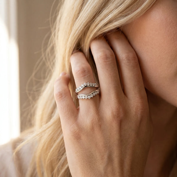 White gold Round Diamond Chevron Contour Band with Prong Setting