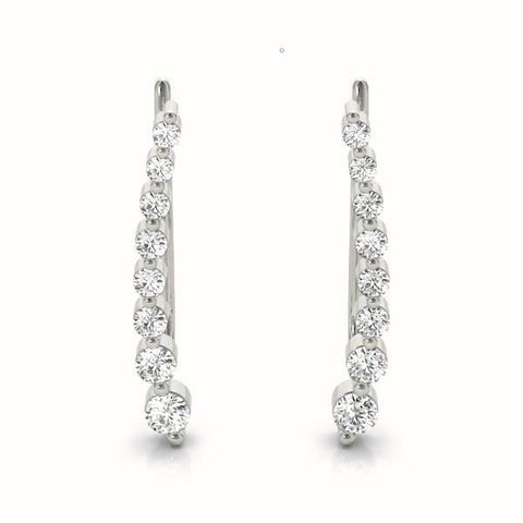 White gold Round Diamond Climber Earrings with Prong Setting on Curved Band