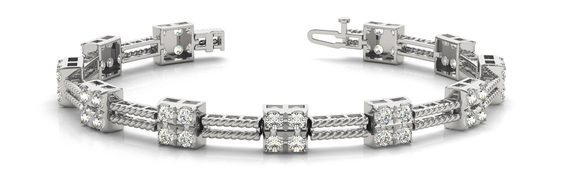 White gold Round Diamond Cluster Box-Link Bracelet with Rope Band and Four-Prong Setting
