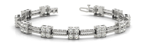 White gold Round Diamond Cluster Box-Link Bracelet with Rope Band and Four-Prong Setting