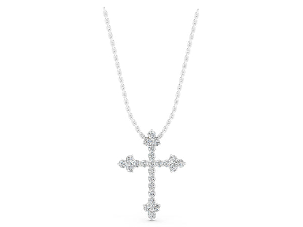 Silver Round Diamond Cluster Cross Pendant with Prong Setting