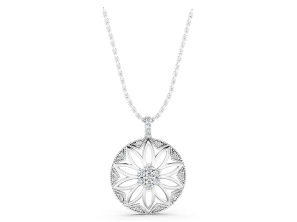 Silver Round Diamond Cluster Flower Pendant
