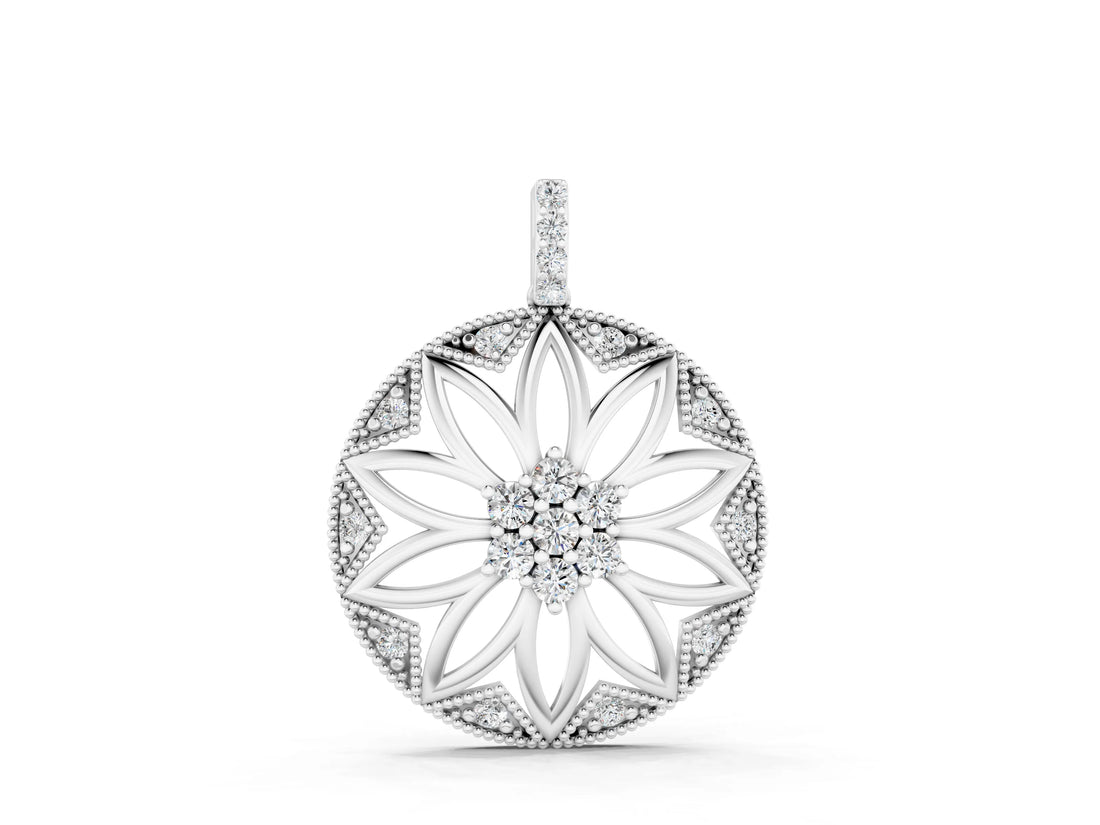 White gold Round Diamond Cluster Flower Pendant_4