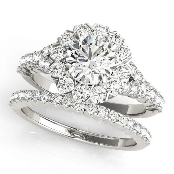 White gold Round Diamond Cluster Halo Ring with Pavé Band