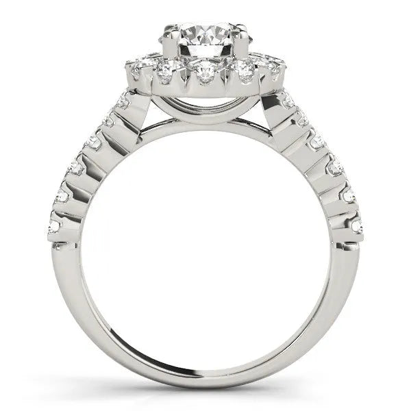 White gold Round Diamond Cluster Halo Ring with Pavé Band