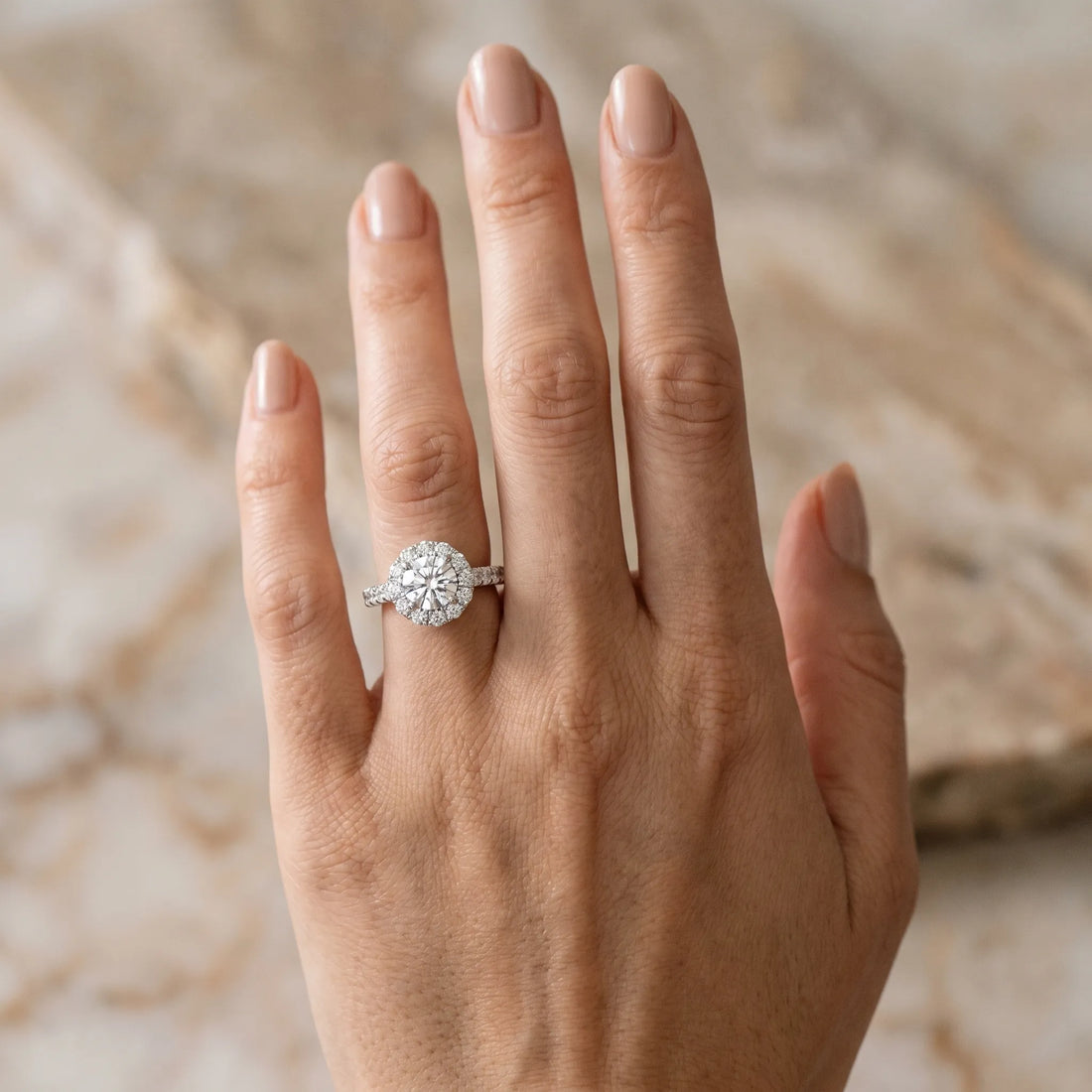 White gold Round Diamond Cluster Halo Ring with Pavé Band_6