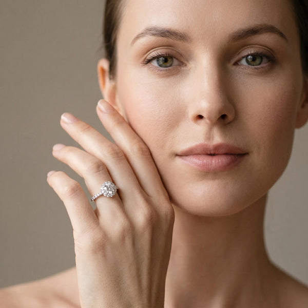 White gold Round Diamond Cluster Halo Ring with Pavé Band