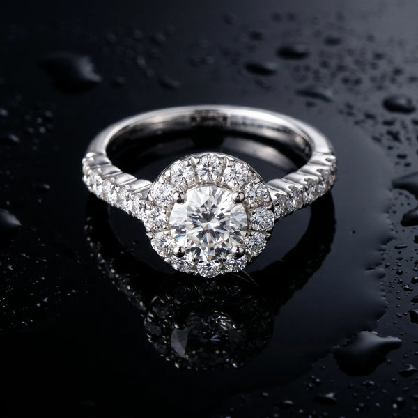 White gold Round Diamond Cluster Halo Ring with Pavé Band