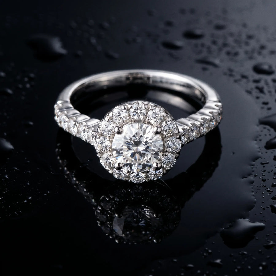 White gold Round Diamond Cluster Halo Ring with Pavé Band