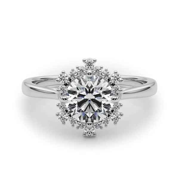White gold Round Diamond Cluster Halo Ring with Plain Band and Four-Prong Setting