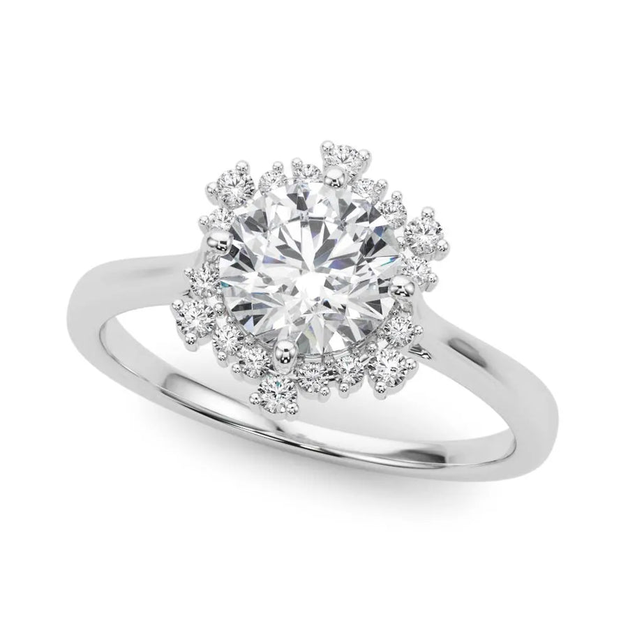 White gold Round Diamond Cluster Halo Ring with Plain Band and Four-Prong Setting