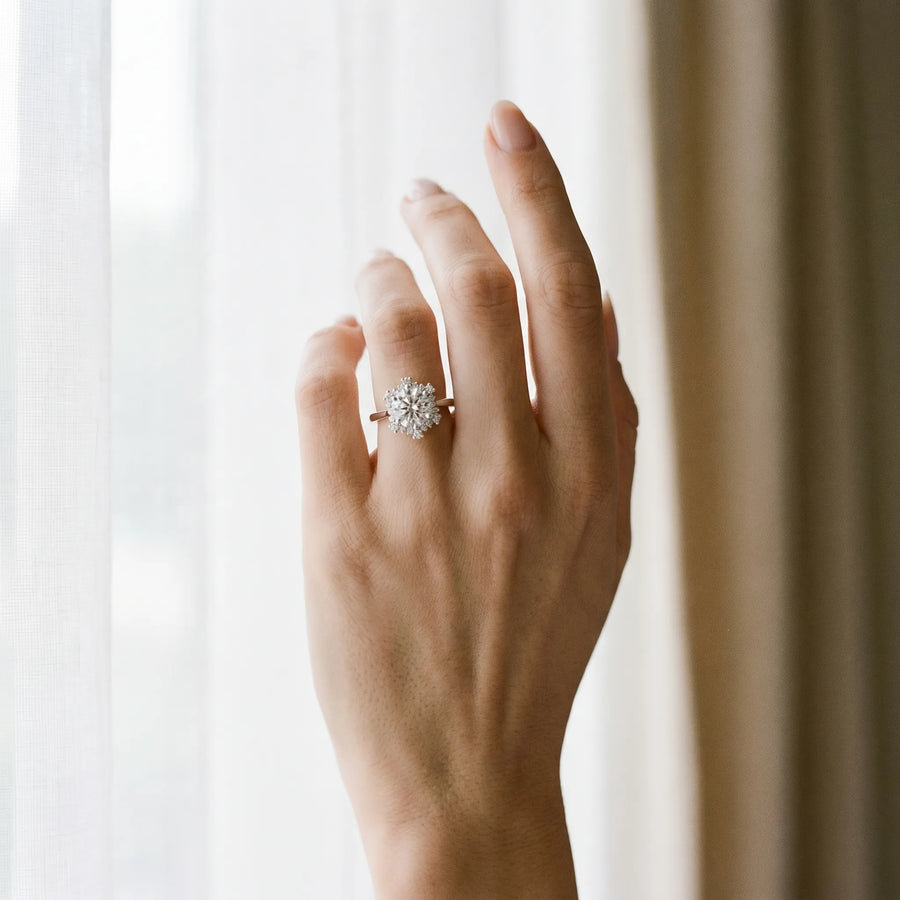 White gold Round Diamond Cluster Halo Ring with Plain Band and Four-Prong Setting