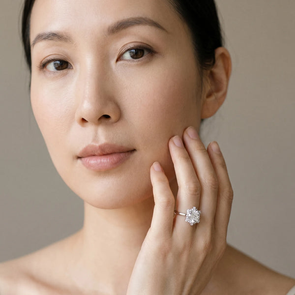 White gold Round Diamond Cluster Halo Ring with Plain Band and Four-Prong Setting