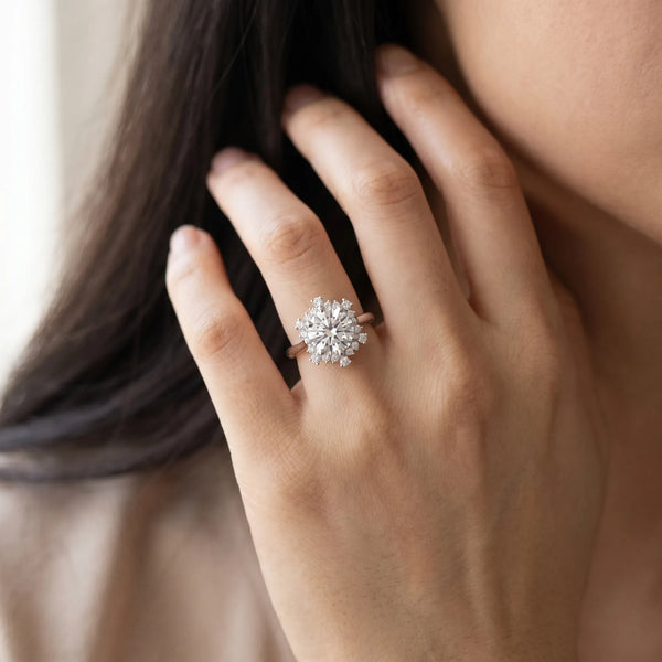 White gold Round Diamond Cluster Halo Ring with Plain Band and Four-Prong Setting