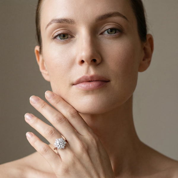 White gold Round Diamond Cluster Halo Ring with Solitaire Band and Four-Prong Setting