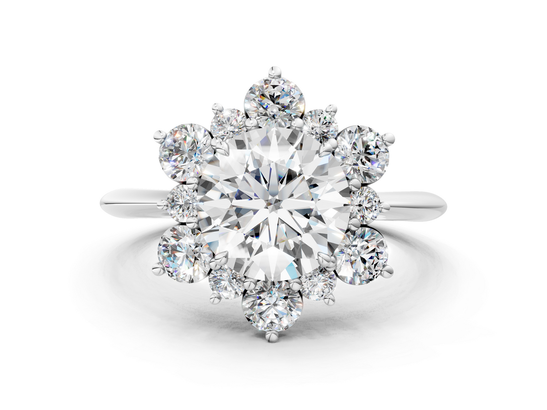 White gold Round Diamond Cluster Halo Ring with Solitaire Band and Four-Prong Setting_38