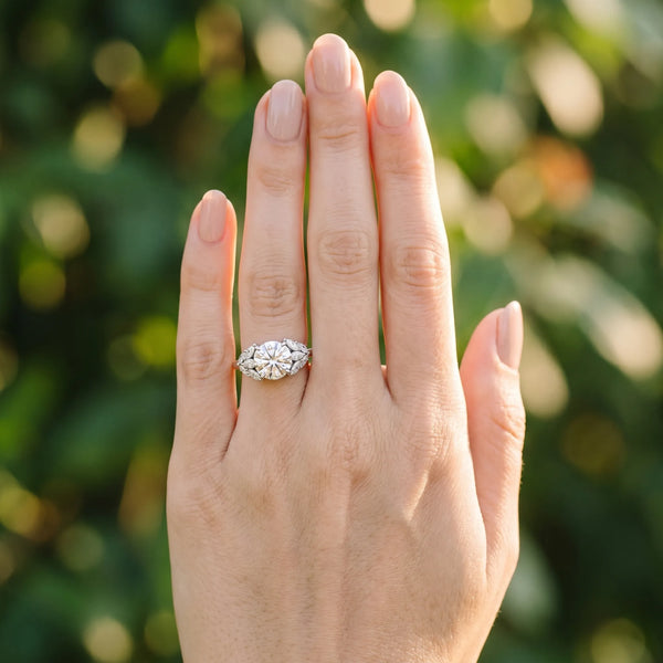 White gold Round Diamond Cluster Leaf Design Ring with Prong Setting