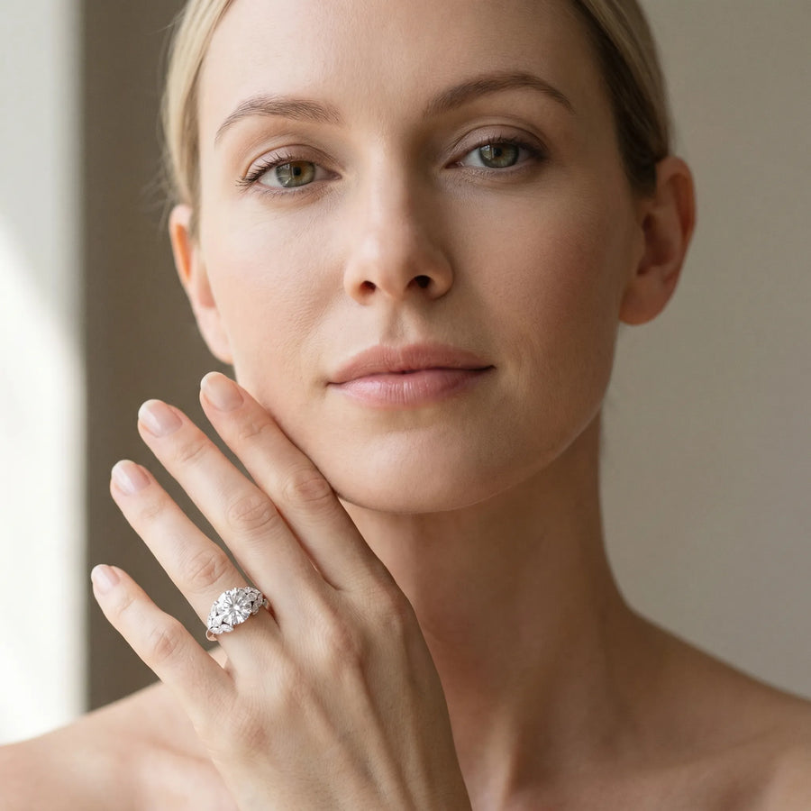 White gold Round Diamond Cluster Leaf Design Ring with Prong Setting