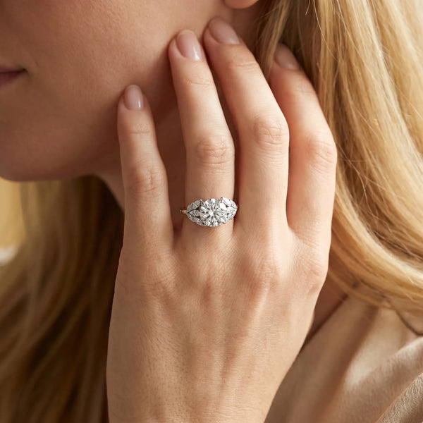 White gold Round Diamond Cluster Leaf Design Ring with Prong Setting