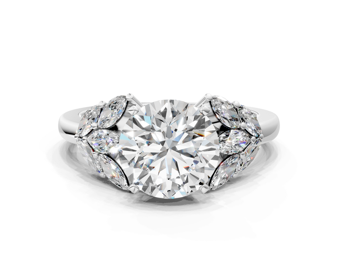 White gold Round Diamond Cluster Leaf Design Ring with Prong Setting_92