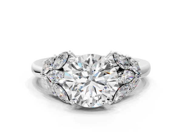 White gold Round Diamond Cluster Leaf Design Ring with Prong Setting
