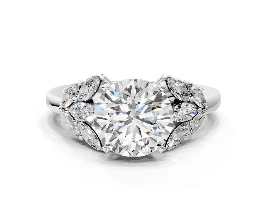 White gold Round Diamond Cluster Leaf Design Ring with Prong Setting