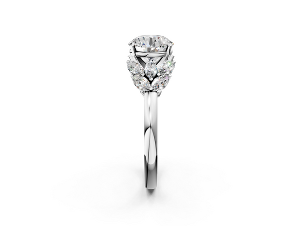 White gold Round Diamond Cluster Leaf Design Ring with Prong Setting