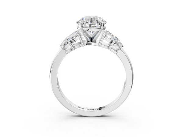 White gold Round Diamond Cluster Leaf Design Ring with Prong Setting