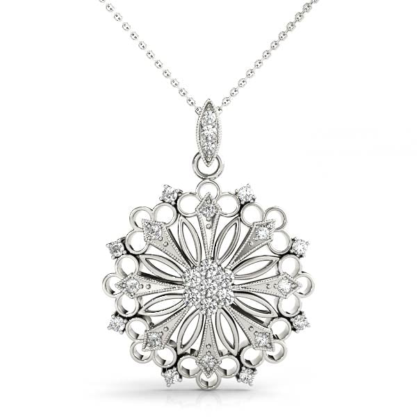 White gold Round Diamond Cluster Milgrain Pendant