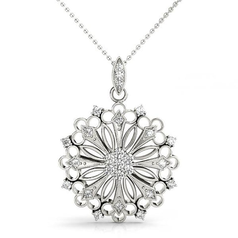 White gold Round Diamond Cluster Milgrain Pendant