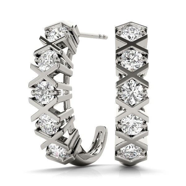 White gold Round Diamond Criss-Cross Prong Hoop Earrings
