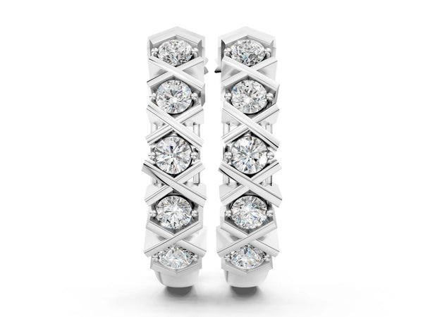 Silver Round Diamond Criss-Cross Prong Hoop Earrings