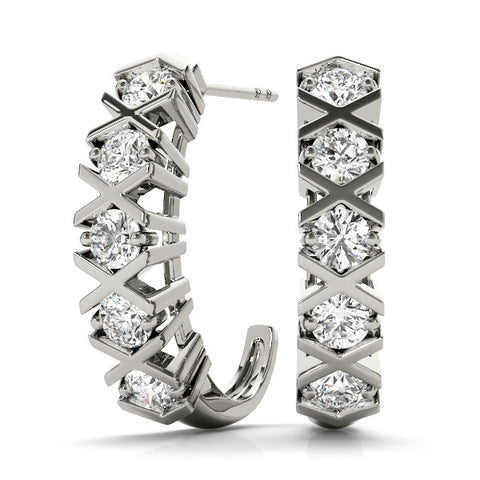 White gold Round Diamond Criss-Cross Prong Hoop Earrings