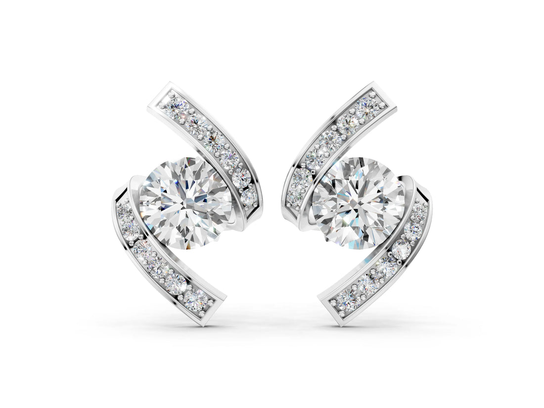 White gold Round Diamond Curve Wave Stud Earrings