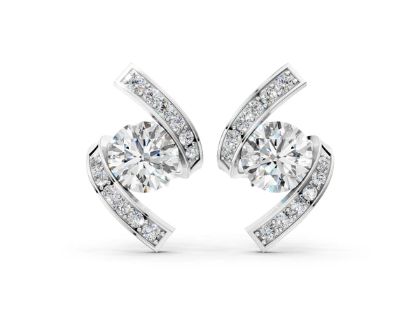 Platinum Round Diamond Curve Wave Stud Earrings