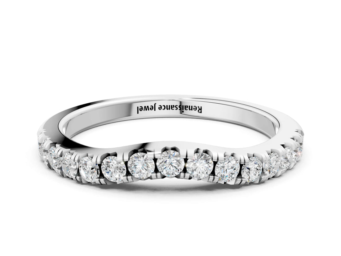 White gold Round Diamond Curved Pavé Wedding Band with Shared Prong Setting_24