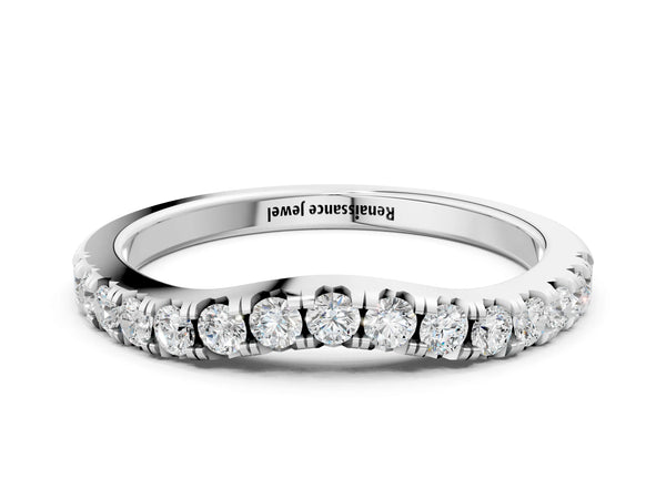 Platinum Round Diamond Curved Pavé Wedding Band with Shared Prong Setting