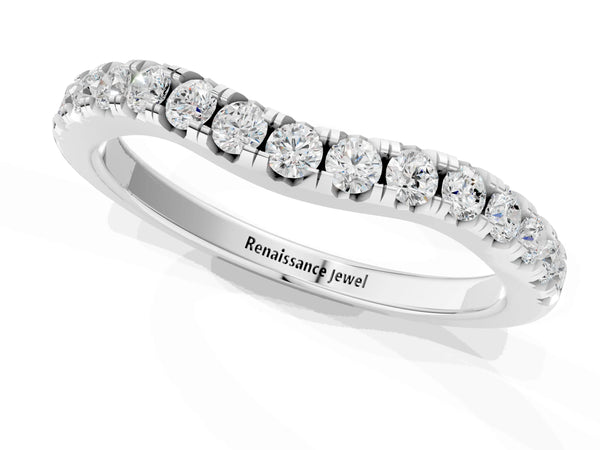 White gold Round Diamond Curved Pavé Wedding Band with Shared Prong Setting