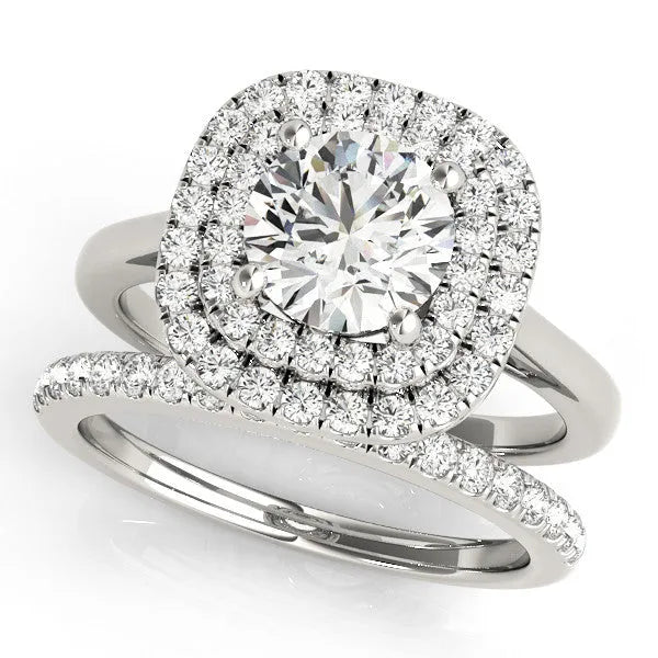 White gold Round Diamond Double Halo Ring with Four-Prong Setting and Pavé Band