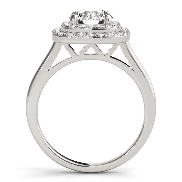 White gold Round Diamond Double Halo Ring with Four-Prong Setting and Pavé Band