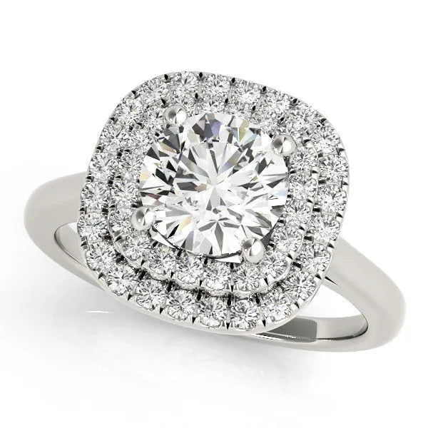 White gold Round Diamond Double Halo Ring with Four-Prong Setting and Pavé Band