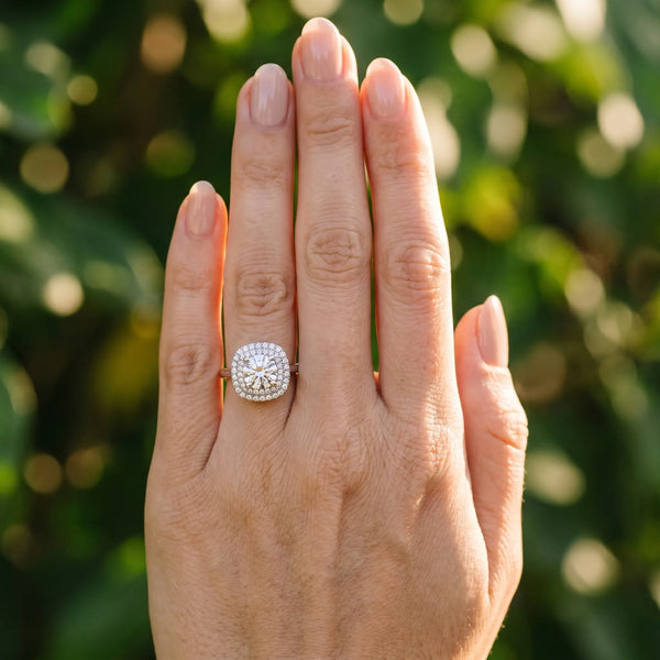 White gold Round Diamond Double Halo Ring with Four-Prong Setting and Pavé Band