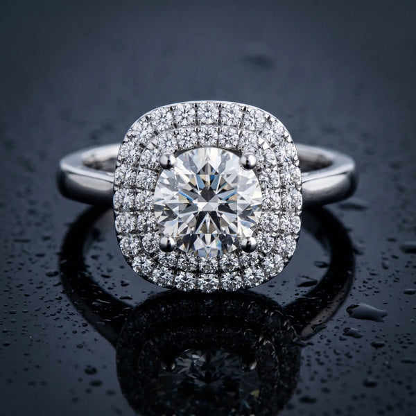 White gold Round Diamond Double Halo Ring with Four-Prong Setting and Pavé Band