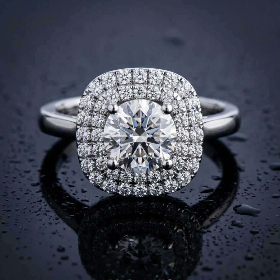 White gold Round Diamond Double Halo Ring with Four-Prong Setting and Pavé Band