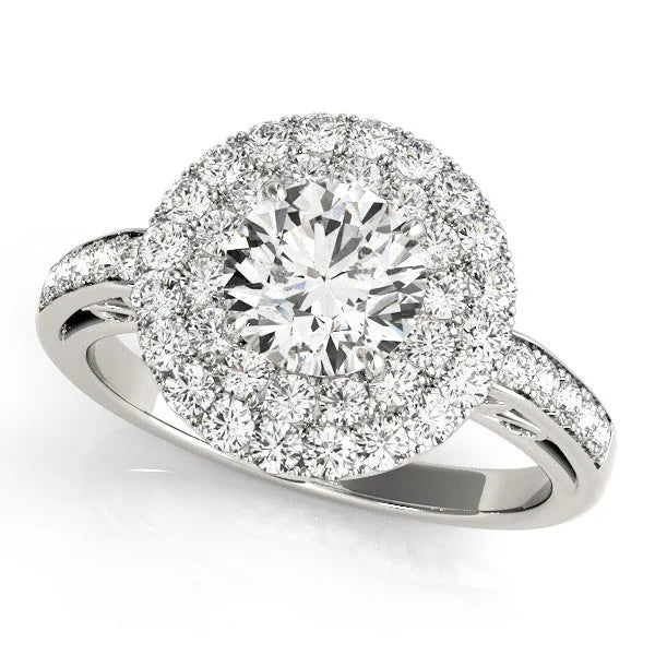 White gold Round Diamond Double Halo Ring with Pavé Band and Four-Prong Setting