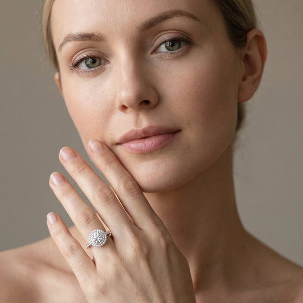 White gold Round Diamond Double Halo Ring with Pavé Band and Four-Prong Setting