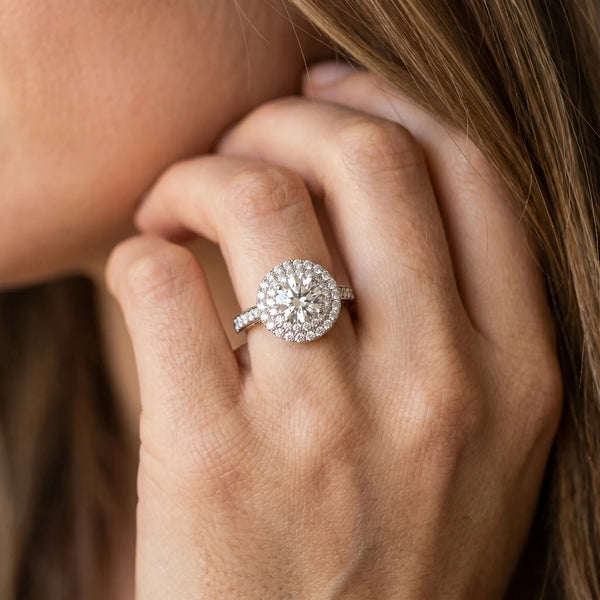 White gold Round Diamond Double Halo Ring with Pavé Band and Four-Prong Setting