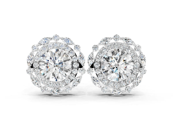 Platinum Round Diamond Double Halo Stud Earrings with Prong Setting