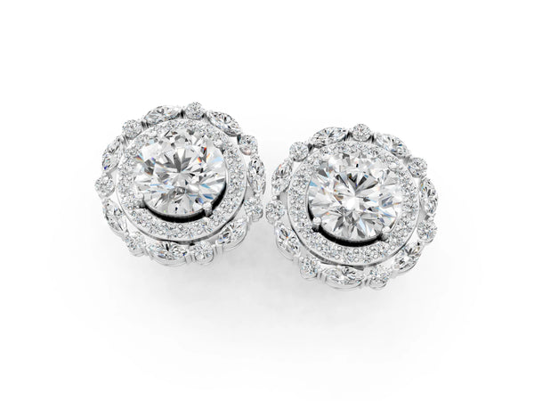 Platinum Round Diamond Double Halo Stud Earrings with Prong Setting