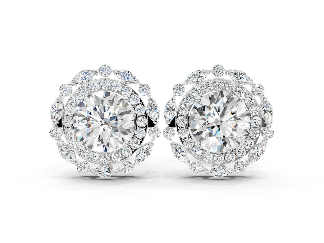 White gold Round Diamond Double Halo Stud Earrings with Prong Setting_151